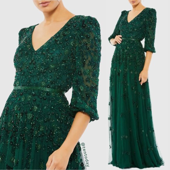 Mac Duggal 5497 Size 16 Emerald Green Floral Beaded Long Maxi Dress Evening Gown - Picture 1 of 5